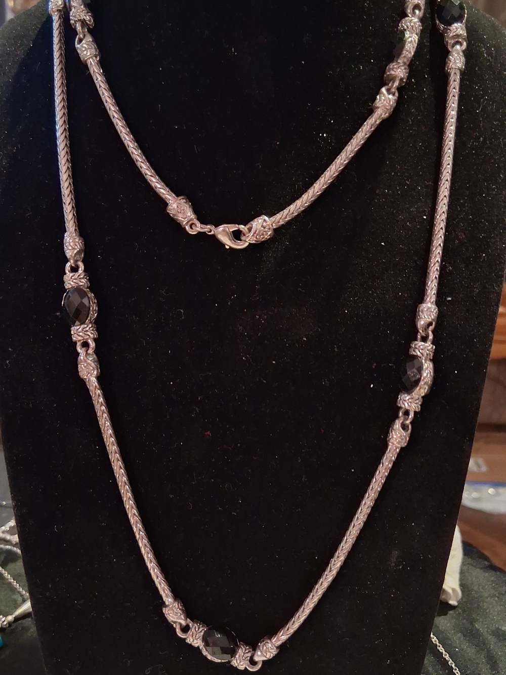 Silver-Tone Long Necklace with Black Faceted Beads